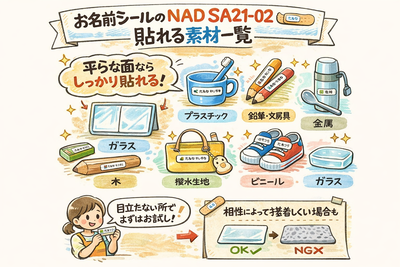 お名前シールのNAD SA21-02 貼れる素材一覧