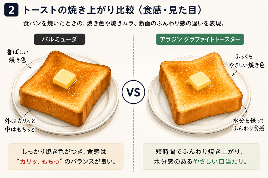バルミューダとアラジンのトースト焼き上がり比較イラスト