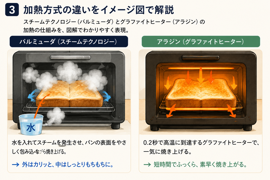 バルミューダとアラジンの加熱方式比較イラスト