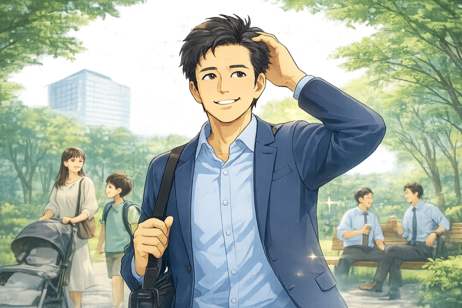 自信を持って外出する男性の未来イメージ